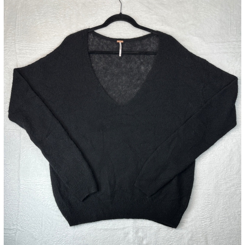 Free People Sweater Womens Small Black V-Neck Oversized Knit Pullover